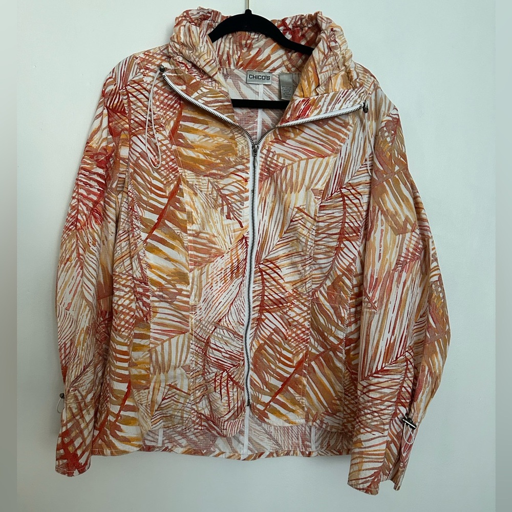 Chicos Jacket Womens Full Zip Orange Floral Clinch Sleeves Waist Coat.